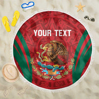 Custom round beach blanket with red Aztec eagle center, green stripes, white fringe