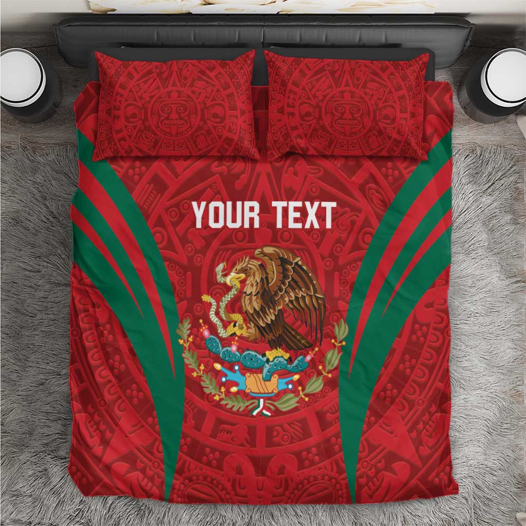 Red bedding set with green striped Aztec pattern, two pillow shams, eagle graphic