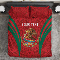 Red bedding set with green striped Aztec pattern, two pillow shams, eagle graphic
