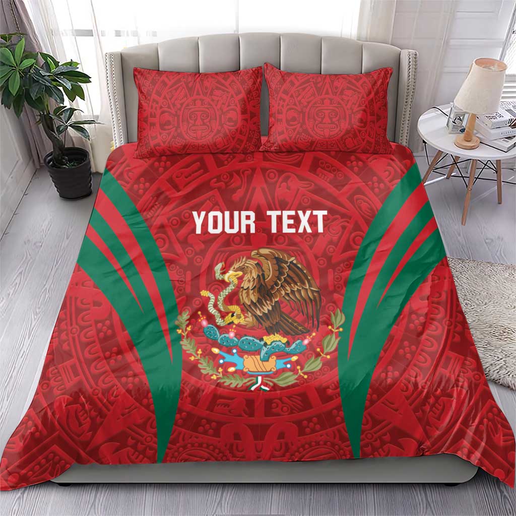Red bedding set with green rays, Aztec symbols, two pillow shams, eagle and text