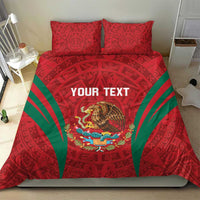 Red bedding set with green rays, Aztec symbols, two pillow shams, eagle artwork