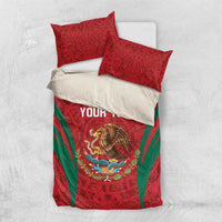 Red bedding set with green rays and Aztec pattern, duvet with two pillow shams