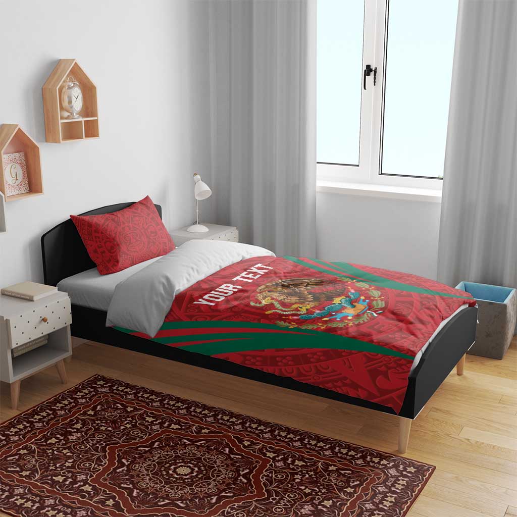 Red duvet with green rays and Aztec pattern, eagle graphic, two pillow shams