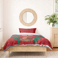Red bedding set with green striped rays and Aztec pattern, duvet and pillow shams