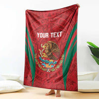 Custom blanket with red Aztec print, green side stripes, eagle emblem and text area