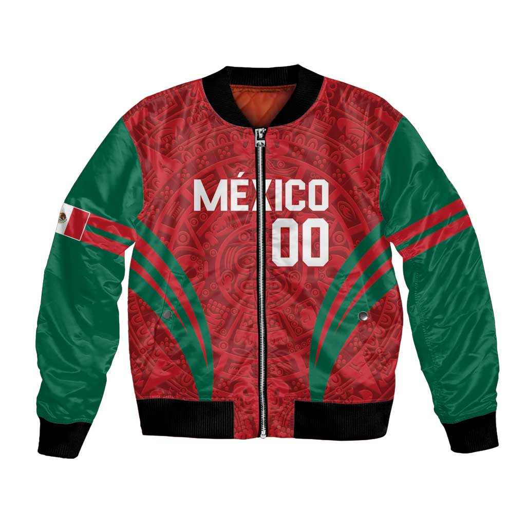 Red and green bomber jacket with zip, ribbed collar/cuffs, Aztec-style Mexico 00 print