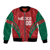 Red and green bomber jacket with zip, ribbed collar/cuffs, Aztec-style Mexico 00 print