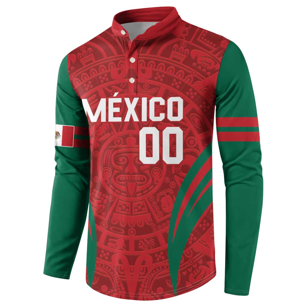 Long-sleeve button sweatshirt with Aztec pattern, MEXICO 00 front, green side sleeves
