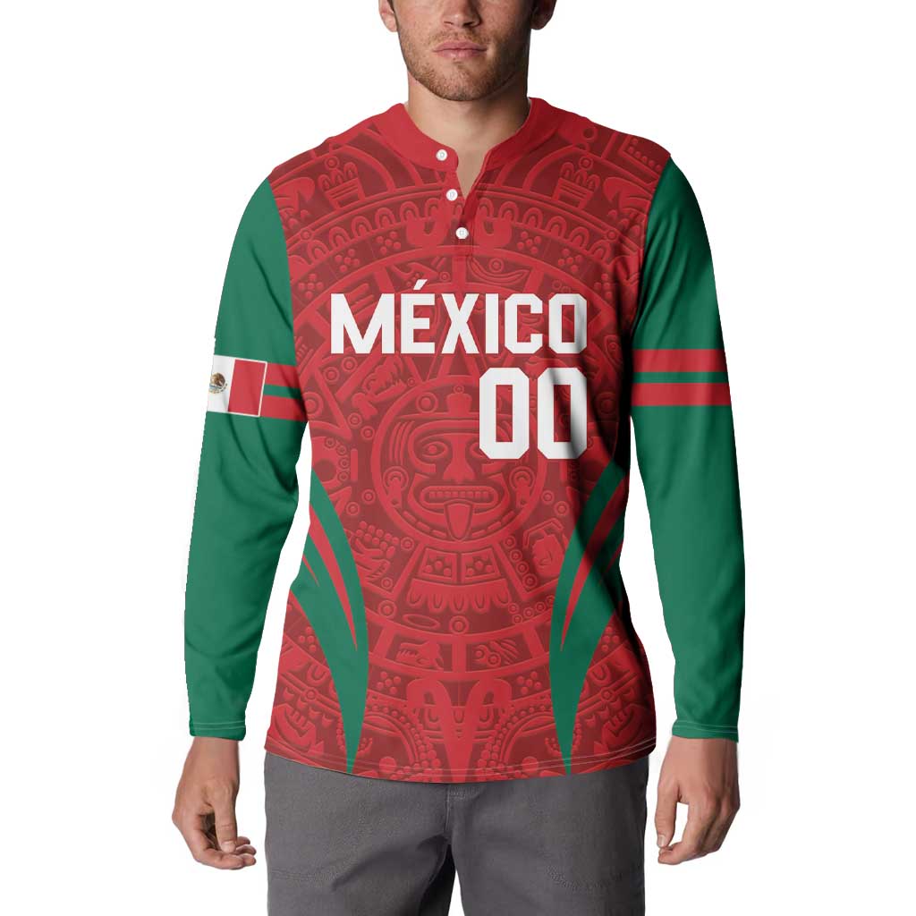 Long-sleeve button sweatshirt with Aztec pattern, MEXICO 00 front, Mexico badge detail