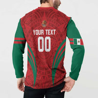 Long-sleeve button sweatshirt with Aztec pattern, YOUR TEXT 00 back, Mexico flag sleeve patch