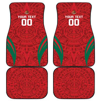 Custom car mats set showing two front and two back mats, red Aztec calendar design