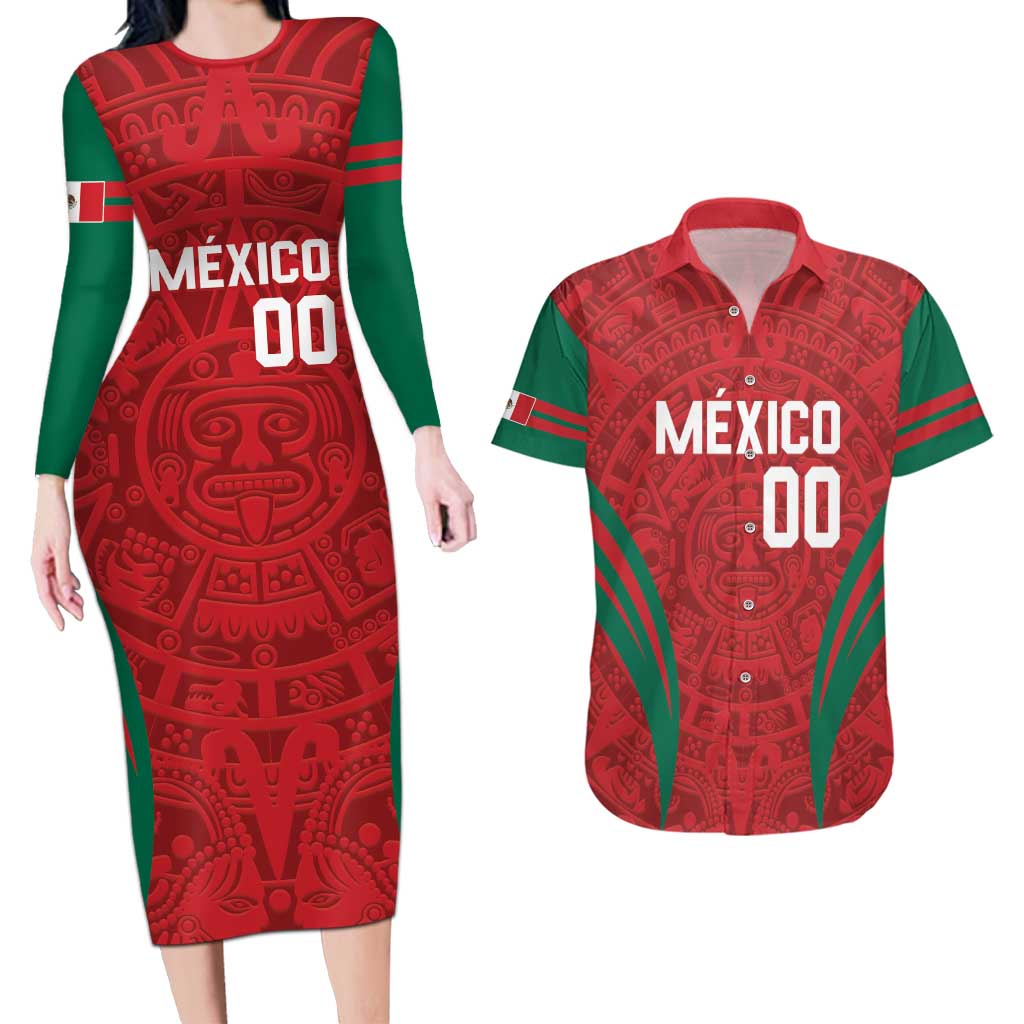 Custom Baseball Mexico 2024 Couples Matching Long Sleeve Bodycon Dress and Hawaiian Shirt Aztec Calendar Pattern - Dynamic Style