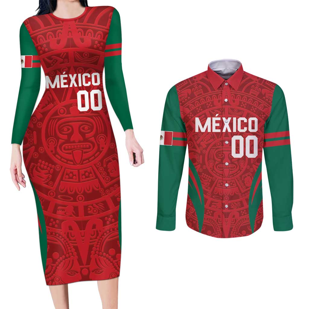 Custom Baseball Mexico 2024 Couples Matching Long Sleeve Bodycon Dress and Long Sleeve Button Shirt Aztec Calendar Pattern - Dynamic Style