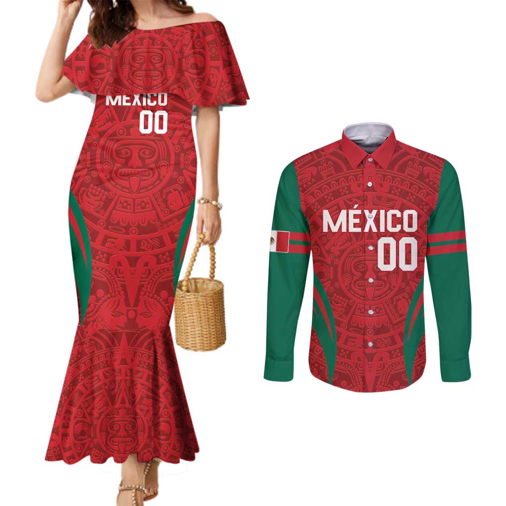 Custom Baseball Mexico 2024 Couples Matching Mermaid Dress and Long Sleeve Button Shirt Aztec Calendar Pattern - Dynamic Style