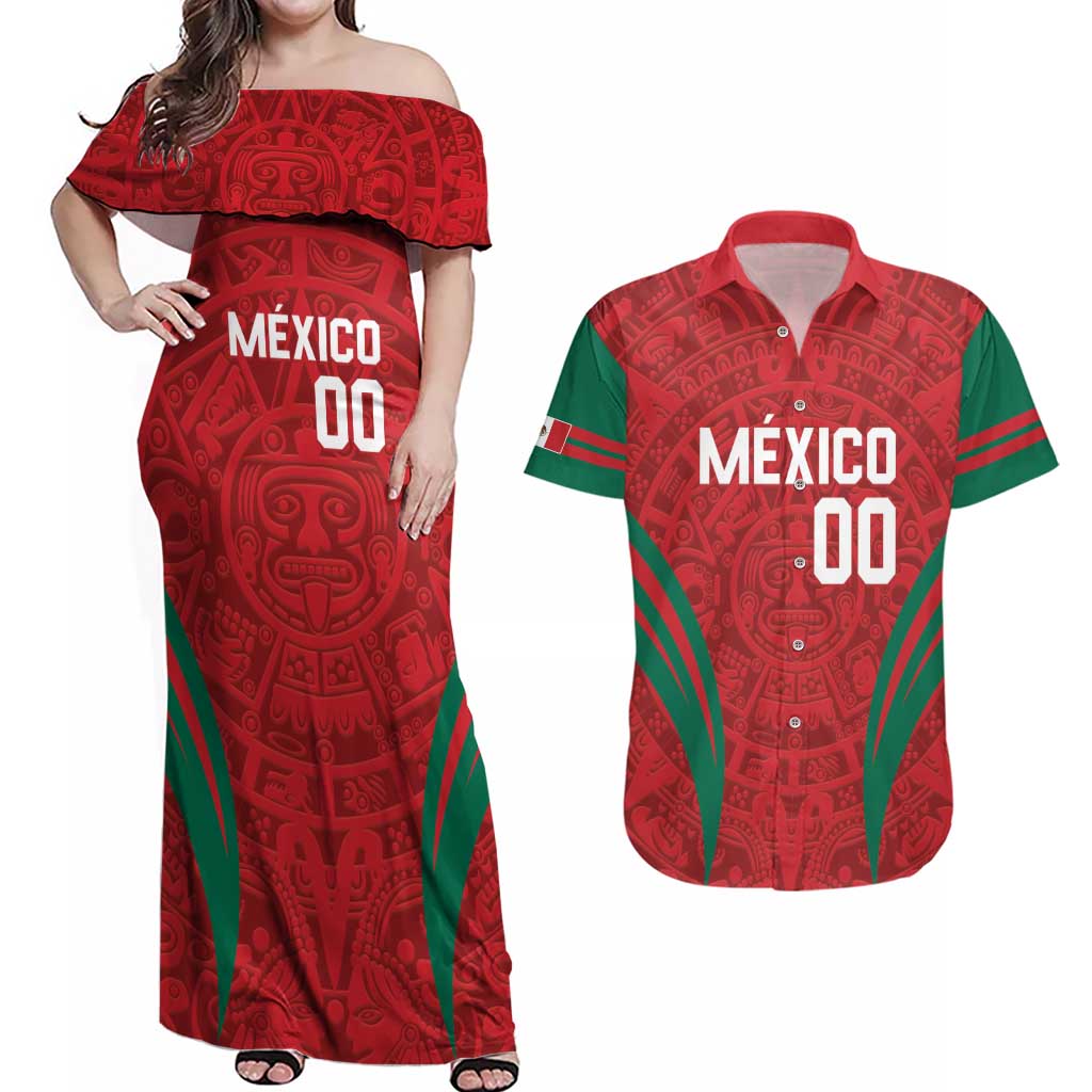 Custom Baseball Mexico 2024 Couples Matching Off Shoulder Maxi Dress and Hawaiian Shirt Aztec Calendar Pattern - Dynamic Style