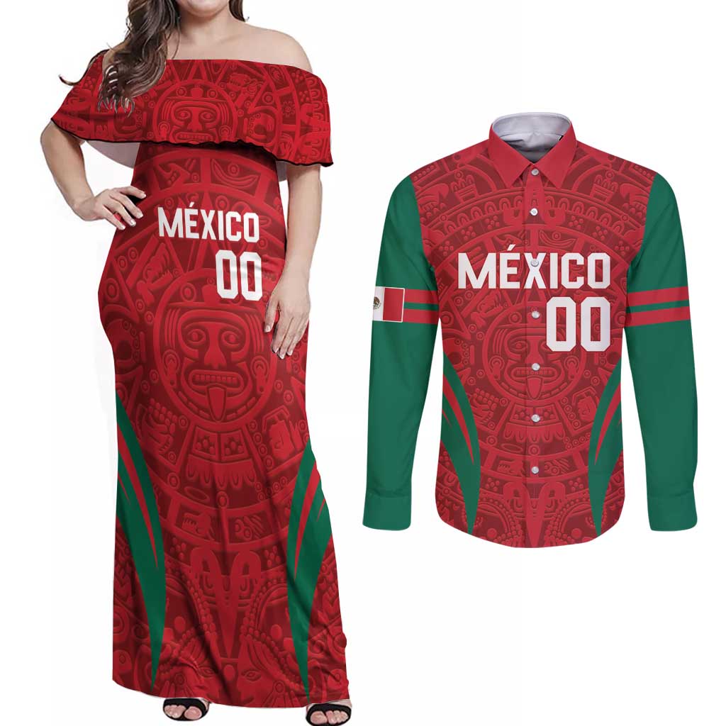 Custom Baseball Mexico 2024 Couples Matching Off Shoulder Maxi Dress and Long Sleeve Button Shirt Aztec Calendar Pattern - Dynamic Style