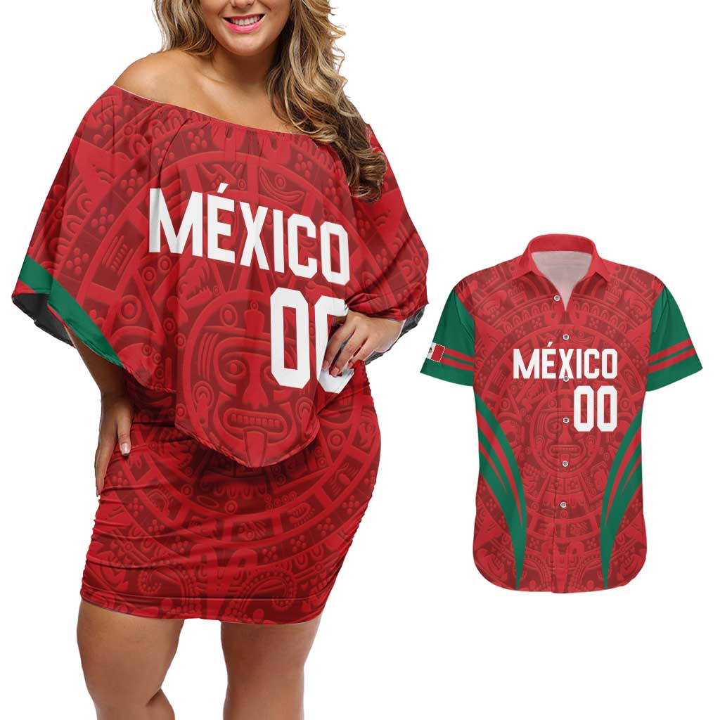 Custom Baseball Mexico 2024 Couples Matching Off Shoulder Short Dress and Hawaiian Shirt Aztec Calendar Pattern - Dynamic Style