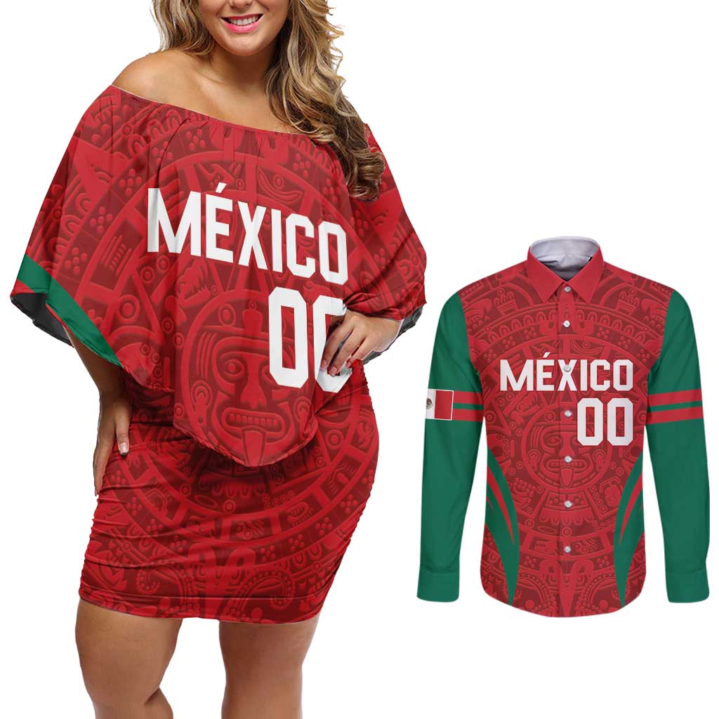 Custom Baseball Mexico 2024 Couples Matching Off Shoulder Short Dress and Long Sleeve Button Shirt Aztec Calendar Pattern - Dynamic Style