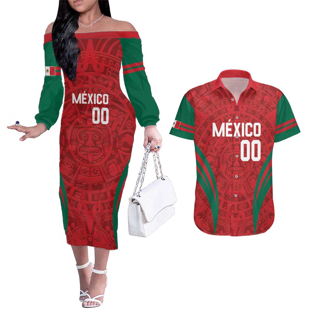 Custom Baseball Mexico 2024 Couples Matching Off The Shoulder Long Sleeve Dress and Hawaiian Shirt Aztec Calendar Pattern - Dynamic Style