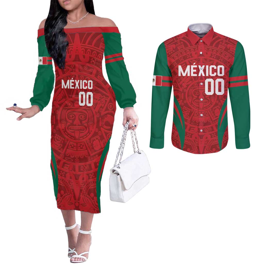 Custom Baseball Mexico 2024 Couples Matching Off The Shoulder Long Sleeve Dress and Long Sleeve Button Shirt Aztec Calendar Pattern - Dynamic Style