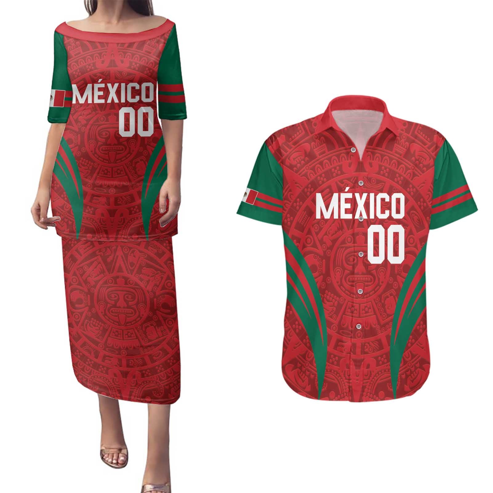 Custom Baseball Mexico 2024 Couples Matching Puletasi and Hawaiian Shirt Aztec Calendar Pattern - Dynamic Style