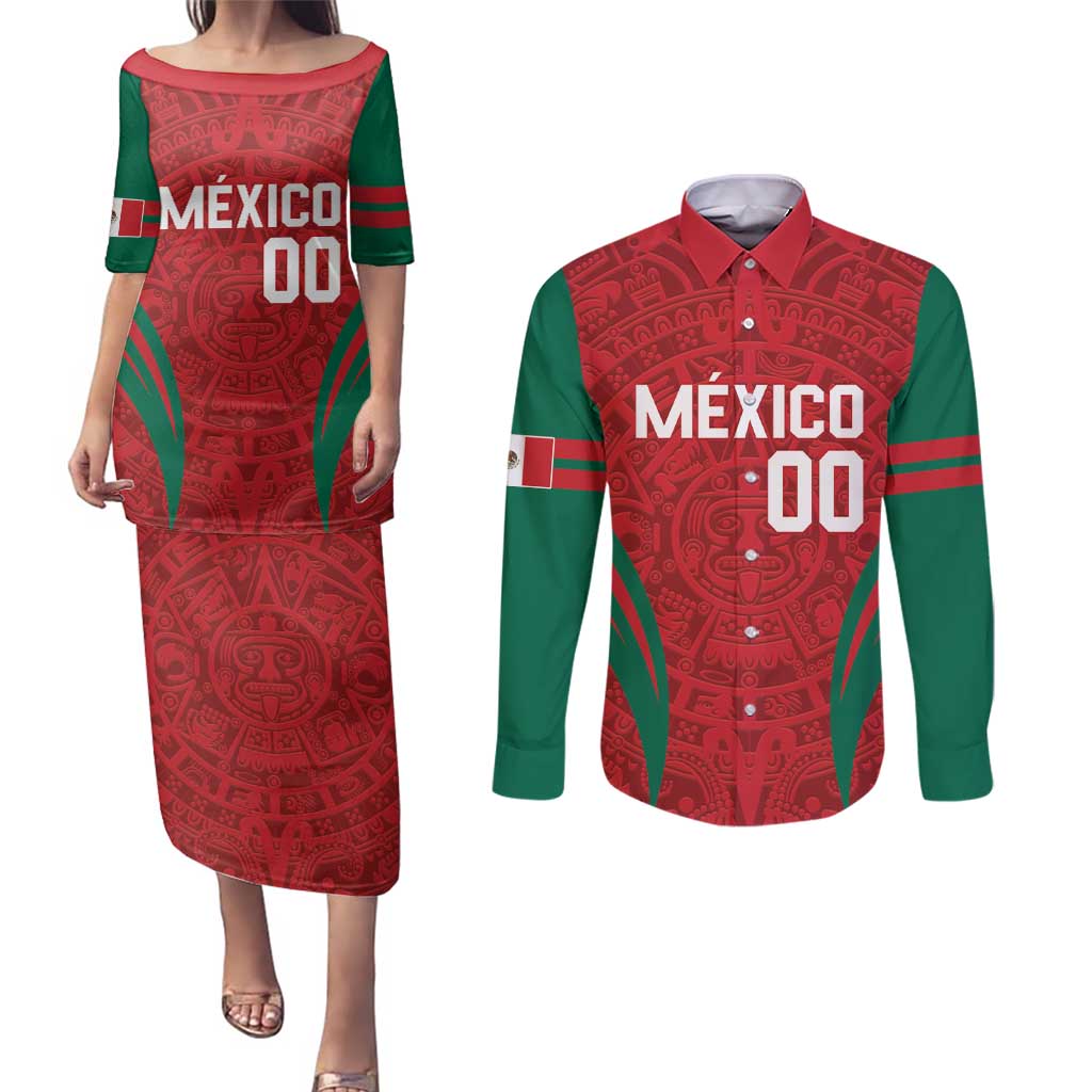 Custom Baseball Mexico 2024 Couples Matching Puletasi and Long Sleeve Button Shirt Aztec Calendar Pattern - Dynamic Style