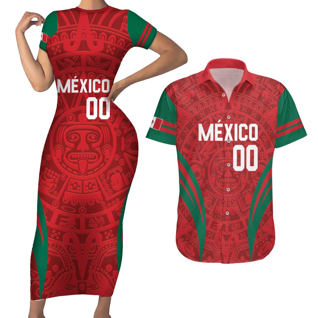 Custom Baseball Mexico 2024 Couples Matching Short Sleeve Bodycon Dress and Hawaiian Shirt Aztec Calendar Pattern - Dynamic Style