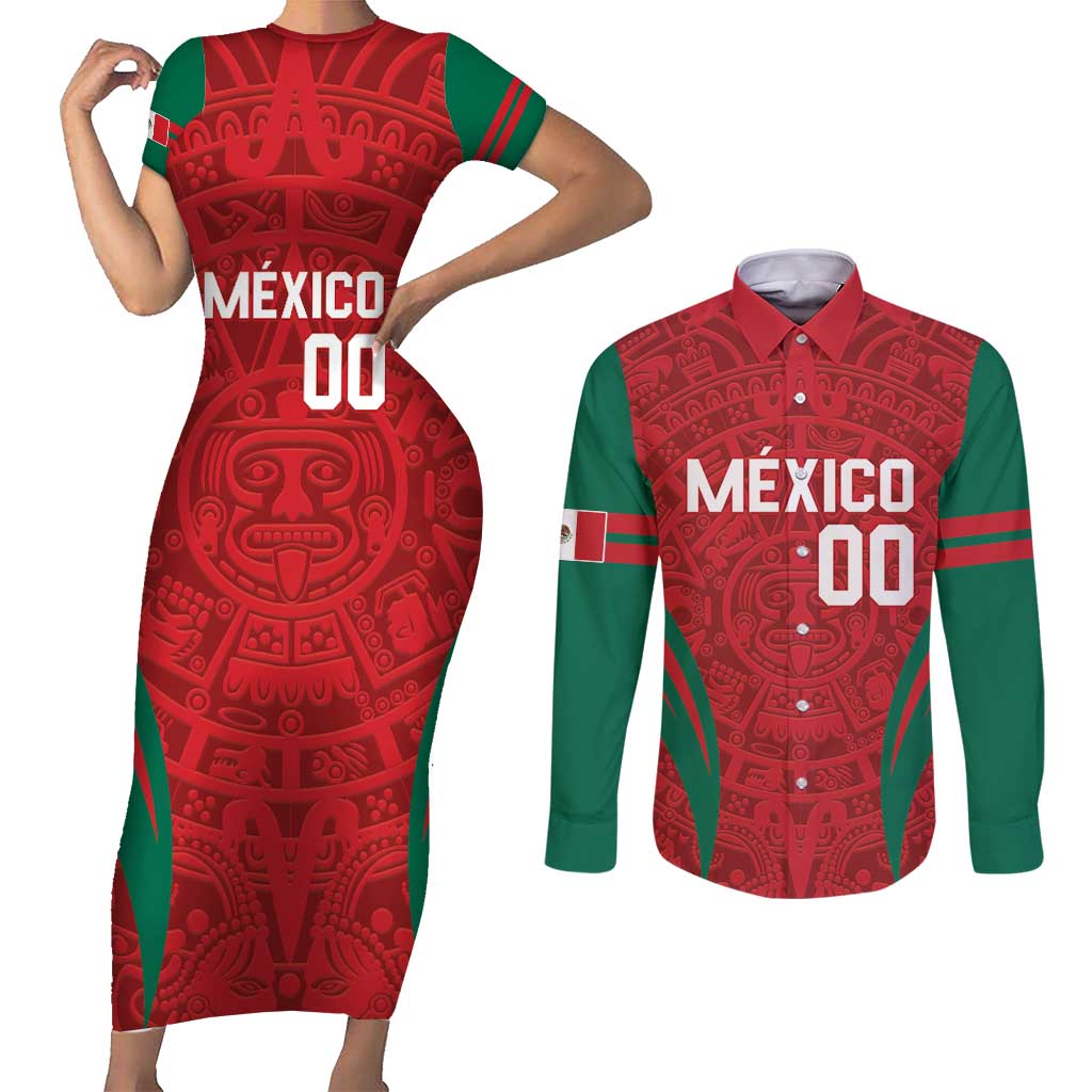 Custom Baseball Mexico 2024 Couples Matching Short Sleeve Bodycon Dress and Long Sleeve Button Shirt Aztec Calendar Pattern - Dynamic Style