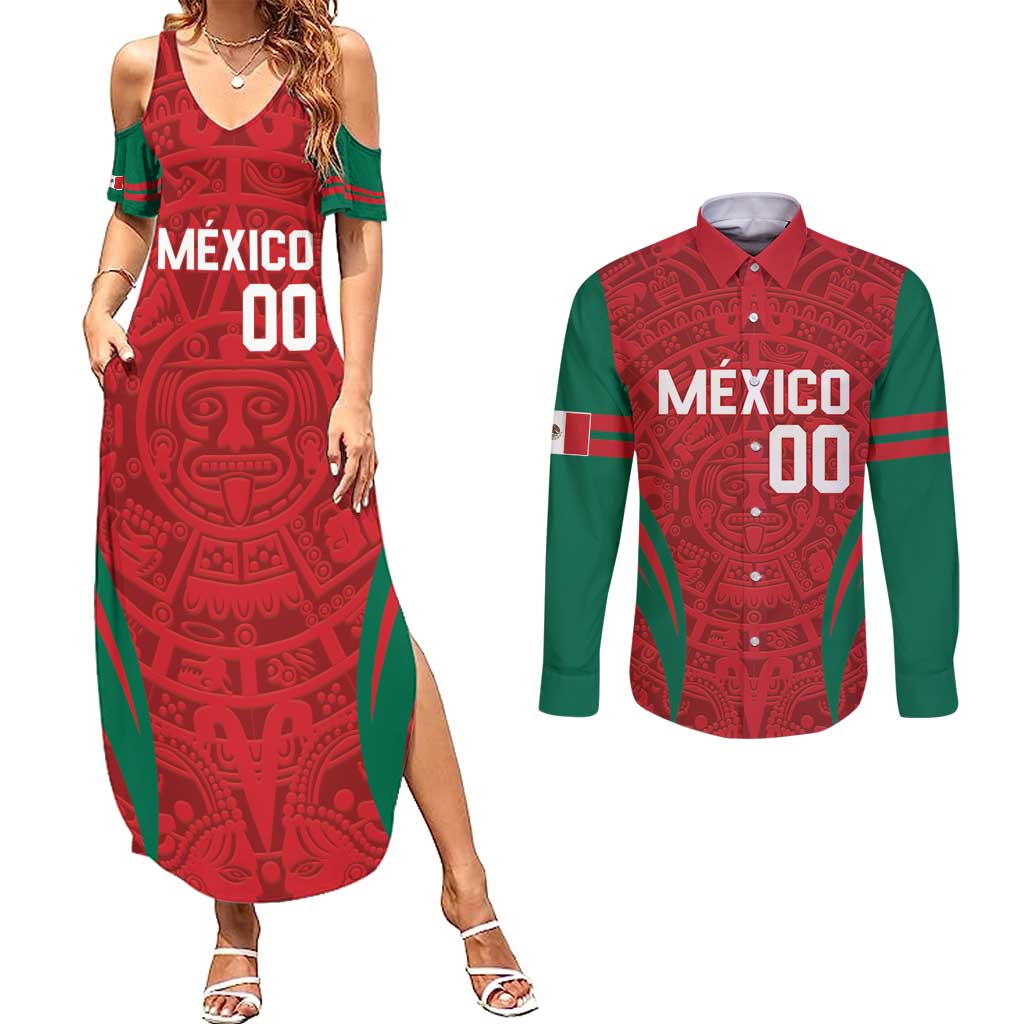 Custom Baseball Mexico 2024 Couples Matching Summer Maxi Dress and Long Sleeve Button Shirt Aztec Calendar Pattern - Dynamic Style