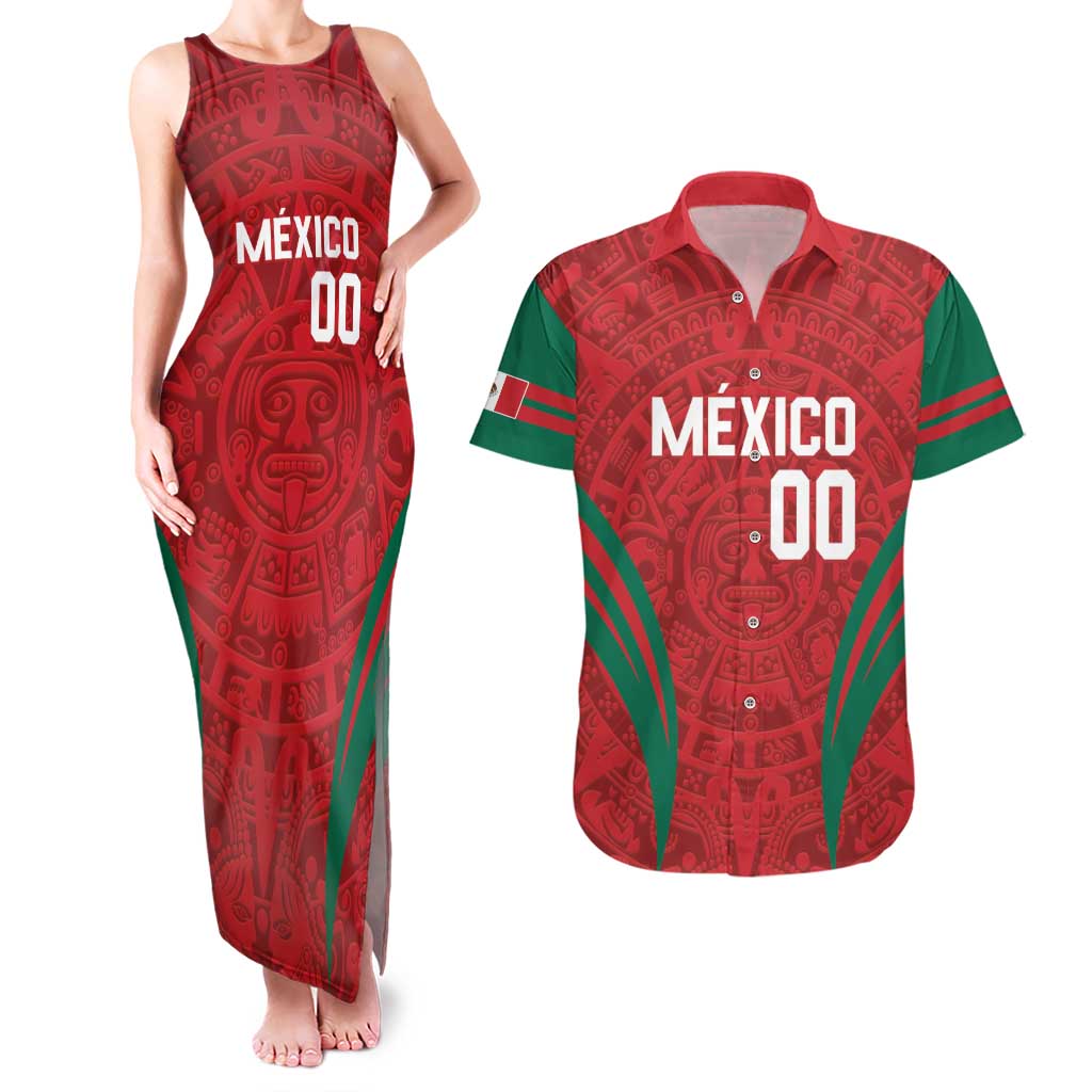 Custom Baseball Mexico 2024 Couples Matching Tank Maxi Dress and Hawaiian Shirt Aztec Calendar Pattern - Dynamic Style