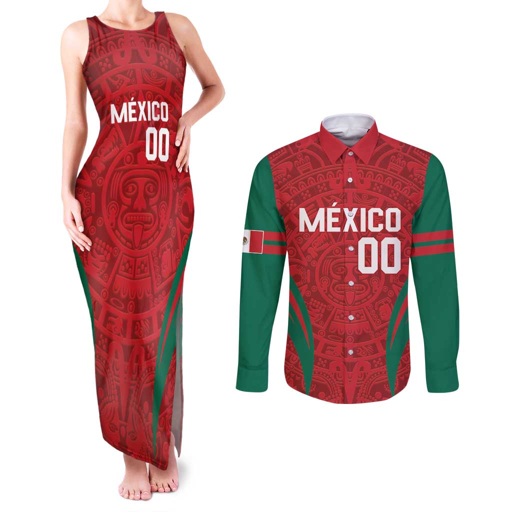 Custom Baseball Mexico 2024 Couples Matching Tank Maxi Dress and Long Sleeve Button Shirt Aztec Calendar Pattern - Dynamic Style