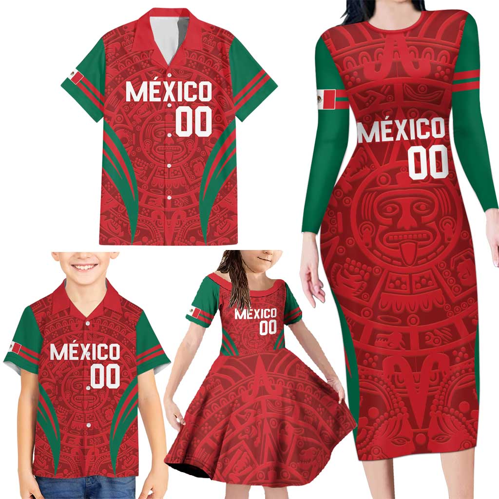 Custom Baseball Mexico 2024 Family Matching Long Sleeve Bodycon Dress and Hawaiian Shirt Aztec Calendar Pattern - Dynamic Style