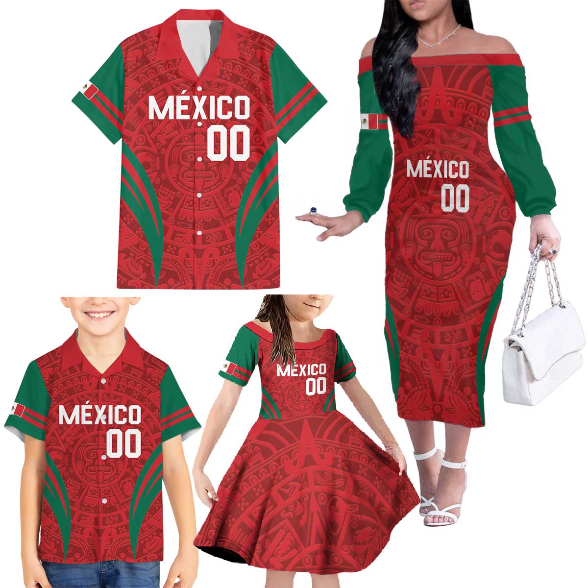 Custom Baseball Mexico 2024 Family Matching Off The Shoulder Long Sleeve Dress and Hawaiian Shirt Aztec Calendar Pattern - Dynamic Style