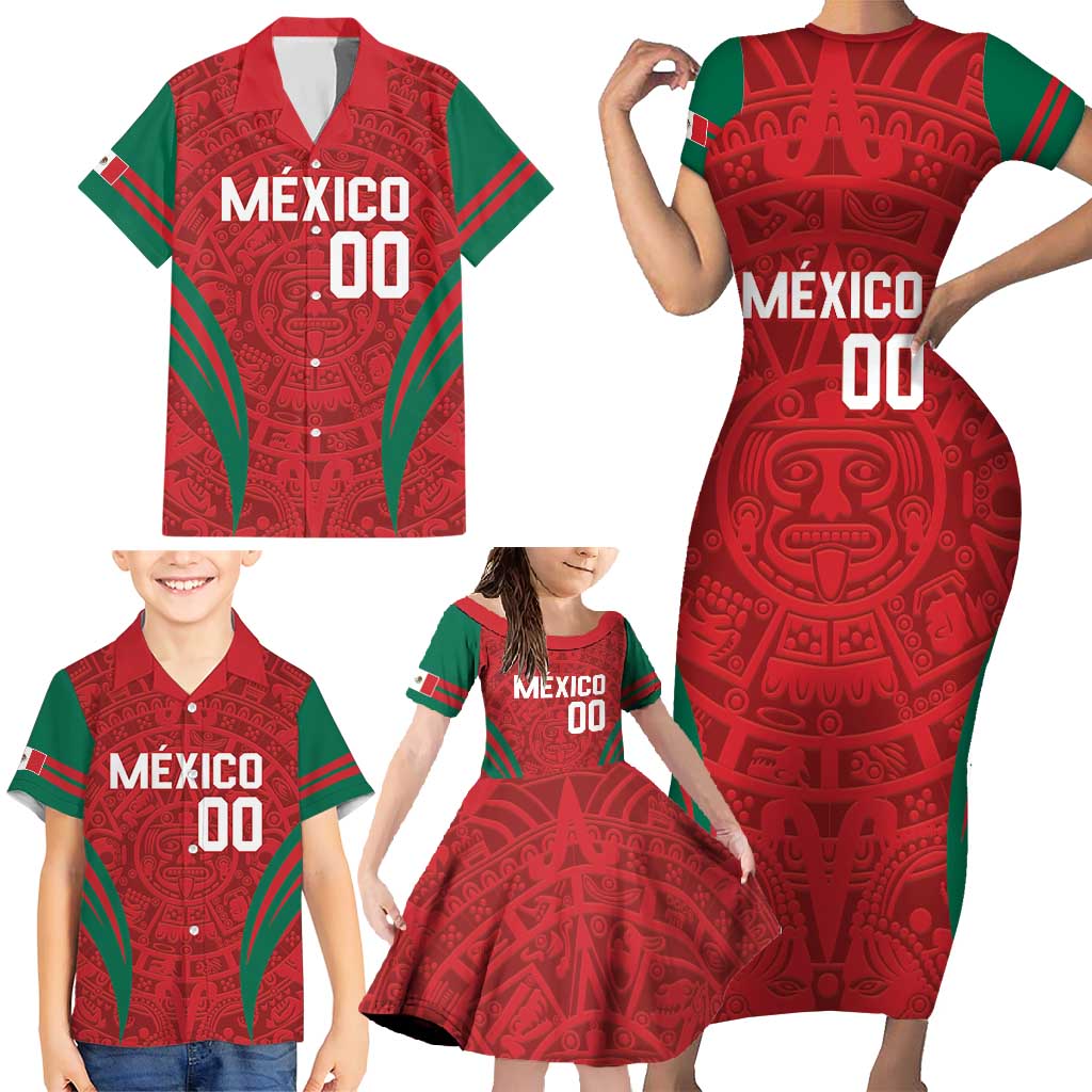 Custom Baseball Mexico 2024 Family Matching Short Sleeve Bodycon Dress and Hawaiian Shirt Aztec Calendar Pattern - Dynamic Style