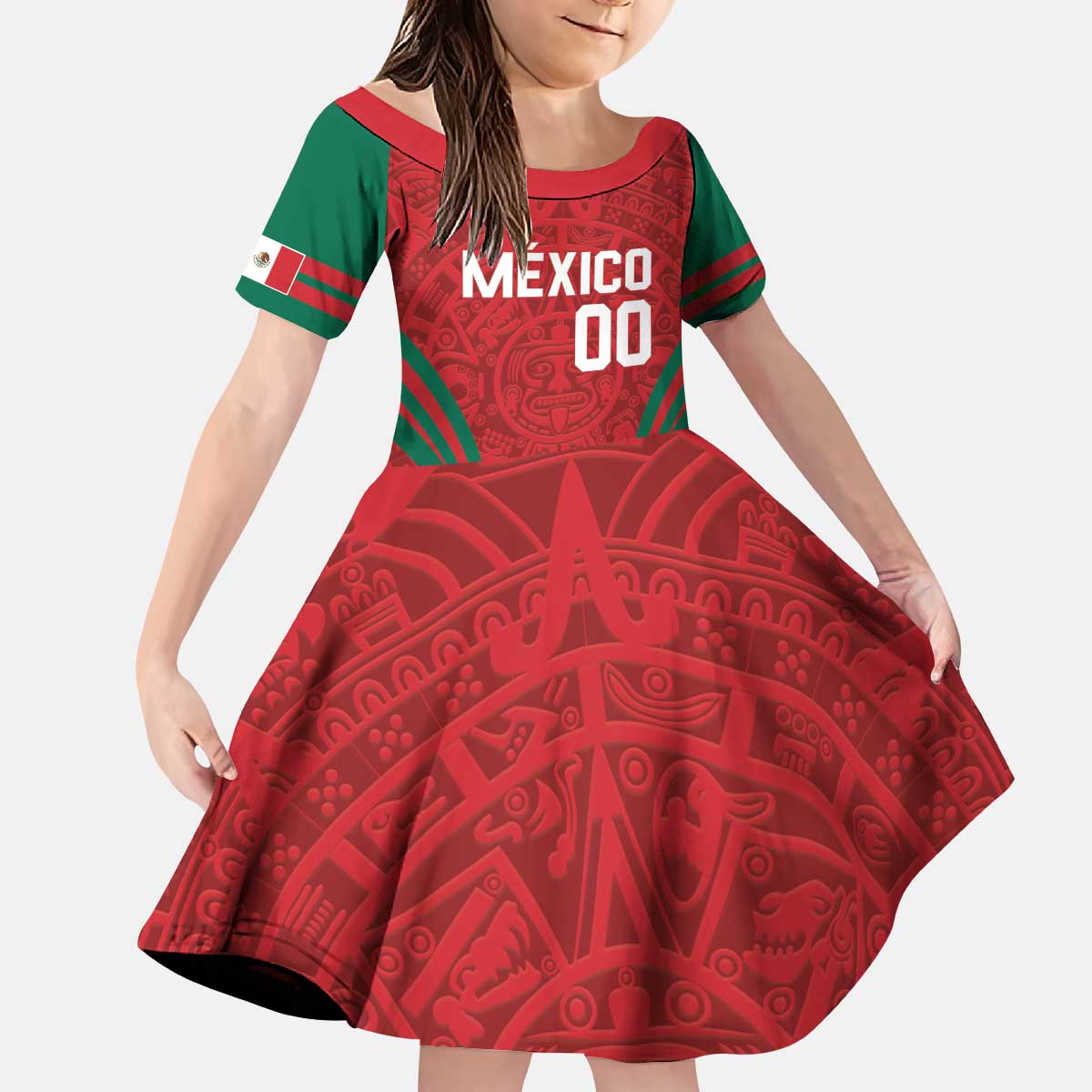 Custom Baseball Mexico 2024 Kid Short Sleeve Dress Aztec Calendar Pattern - Dynamic Style