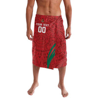 Men's red aztec-pattern athletic shorts with elastic waistband and custom text print