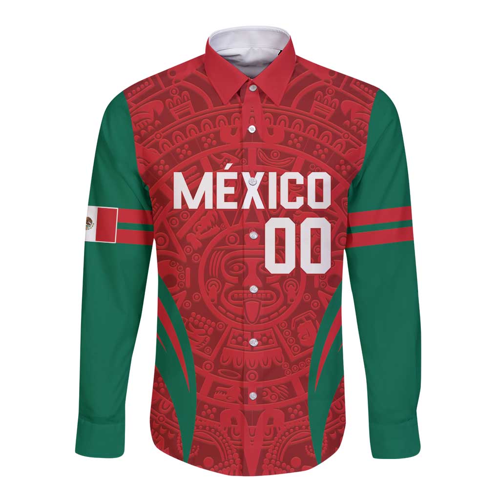 Green long-sleeve button shirt with red Aztec Mexico graphic and number 00