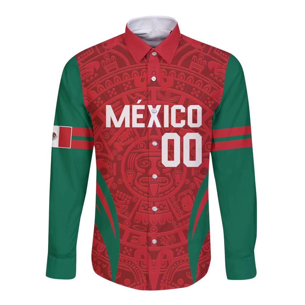 Custom Baseball Mexico 2024 Long Sleeve Button Shirt Aztec Calendar Pattern - Dynamic Style