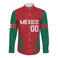 Green long-sleeve button shirt with red Aztec Mexico graphic and number 00