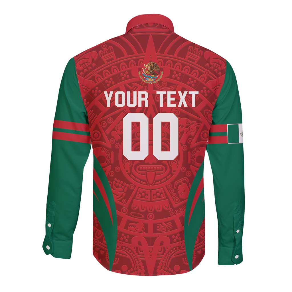 Green long-sleeve button shirt with red Aztec back graphic, YOUR TEXT, and 00