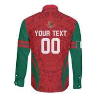 Green long-sleeve button shirt with red Aztec back graphic, YOUR TEXT, and 00