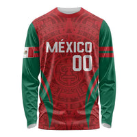 Long-sleeve baseball shirt in red Aztec pattern with MEXICO 00; green sleeves