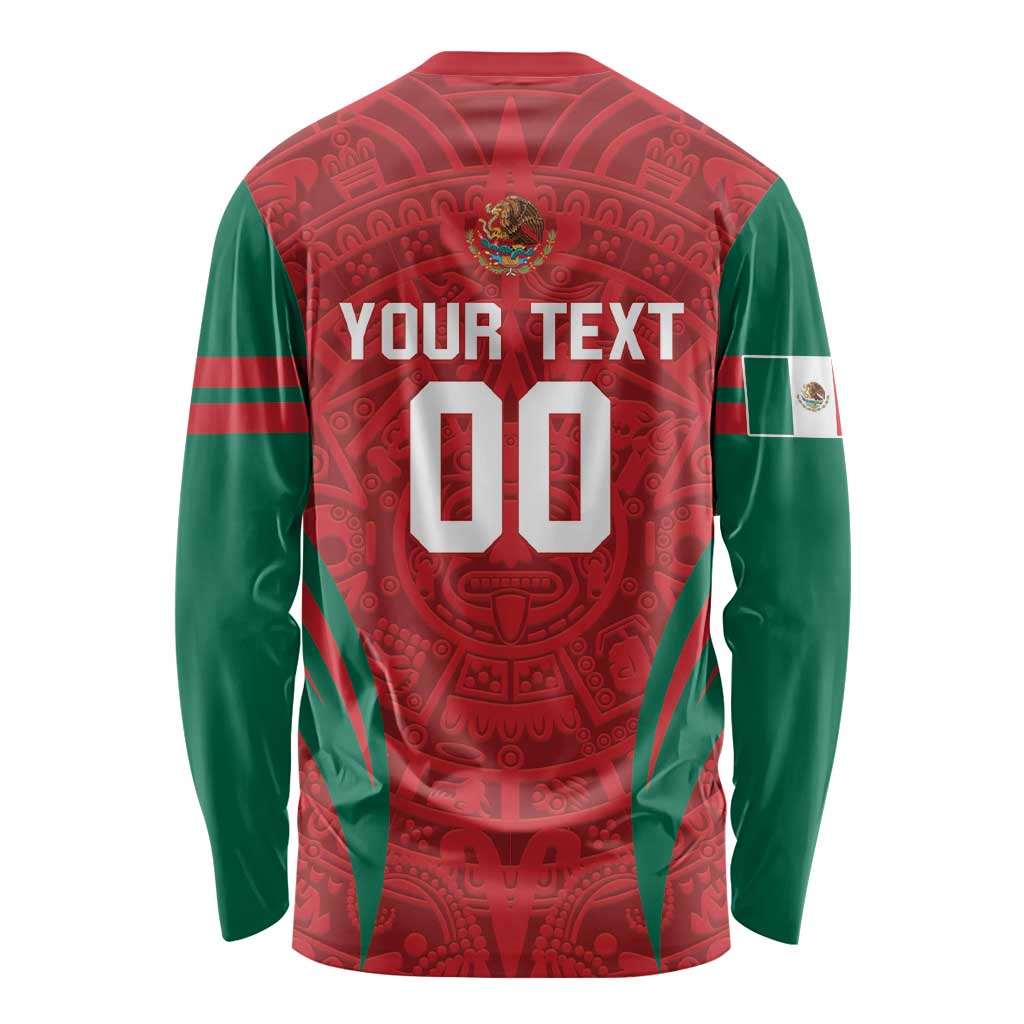 Long-sleeve baseball shirt, red Aztec pattern back with YOUR TEXT 00; green sleeves