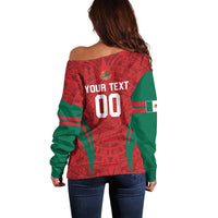 Women's off-shoulder sweater, back print reads YOUR TEXT and 00 in red and green