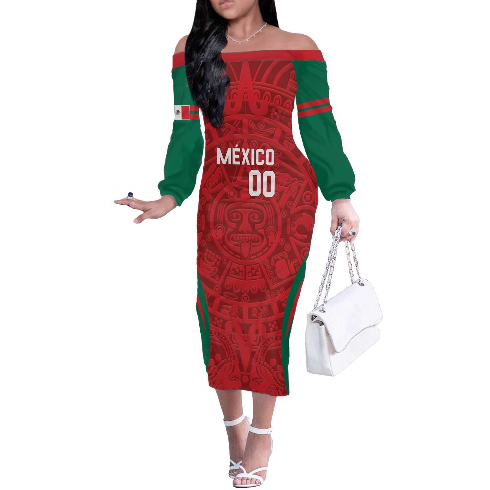 Custom Baseball Mexico 2024 Off The Shoulder Long Sleeve Dress Aztec Calendar Pattern - Dynamic Style