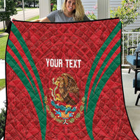 Red quilt blanket with green diagonal stripes, Mexico crest and 'YOUR TEXT' center