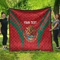 Red quilt blanket Mexico crest with green diagonal stripes and 'YOUR TEXT' lettering