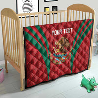 Red quilt blanket on baby bed with green diagonal stripes, Mexico crest and 'YOUR TEXT'