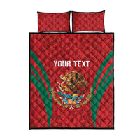 Red quilt bed set with two pillow shams, green stripes, eagle graphic under 'YOUR TEXT'