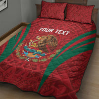Red quilt bed set with green stripes, eagle artwork, and centered 'YOUR TEXT' panel